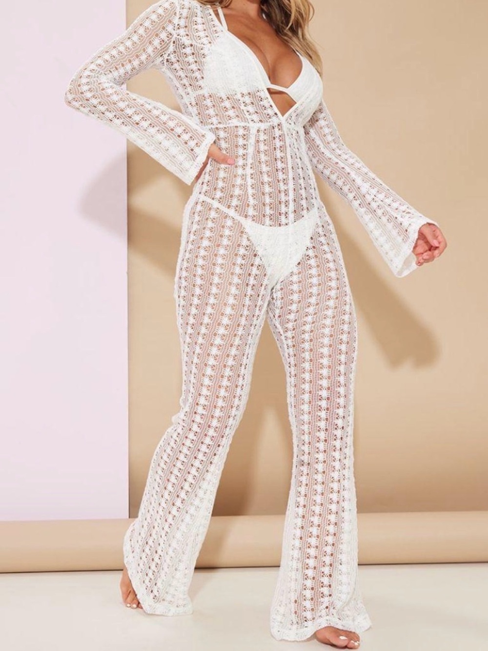 PrettyLittleThing Cream Crochet Swim Coverup V-Neck Long Sleeve